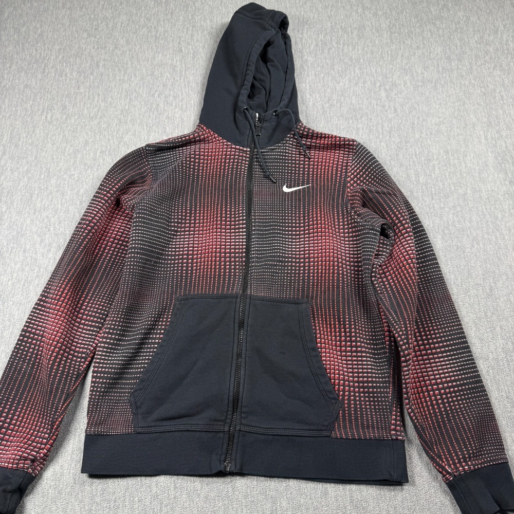 Nike Sweatshirt Mens M Black Red Dot Printed Full‎ Zip Therma Fit Hoodie